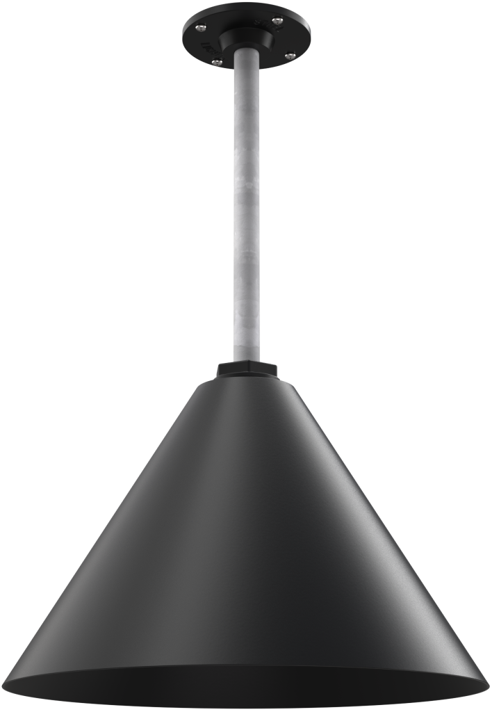 Sleek black metal pendant light with a conical shade, suitable for modern interiors and farmhouse decor.