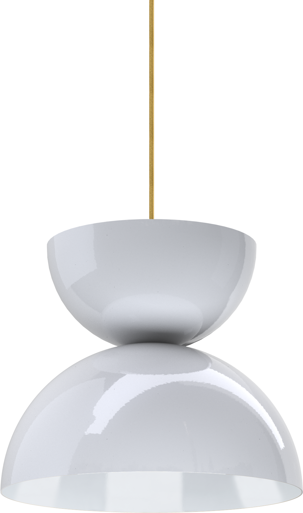 Modern white metal pendant light with gold cord, ideal for kitchen or dining room décor.