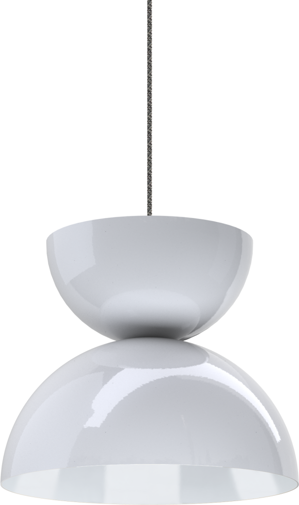 Sleek white metal pendant light fixture with minimalist design, perfect for modern kitchen or dining space.