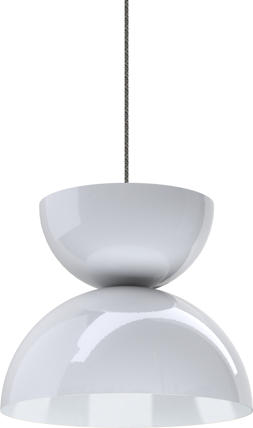 Sleek white metal pendant light fixture with minimalist design, perfect for modern kitchen or dining space.