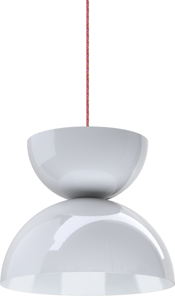 Modern white pendant light fixture with curved design and colorful cord, ideal for kitchen or dining area decor.