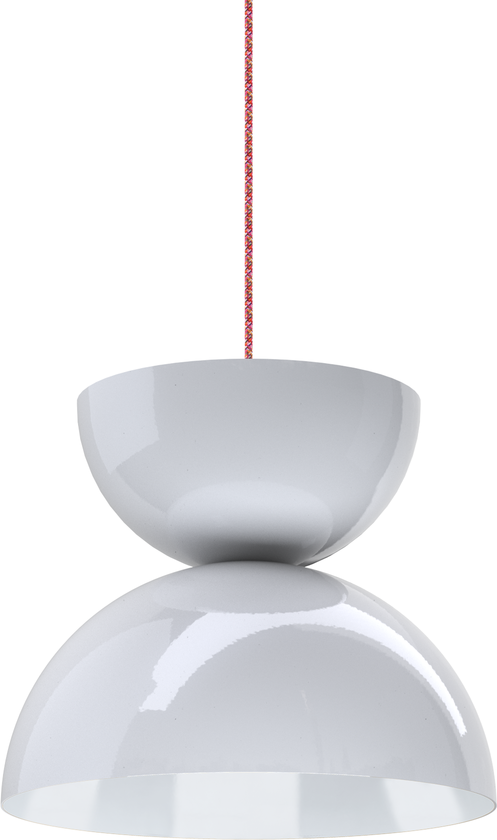 Modern white pendant light fixture with curved design and colorful cord, ideal for kitchen or dining area decor.