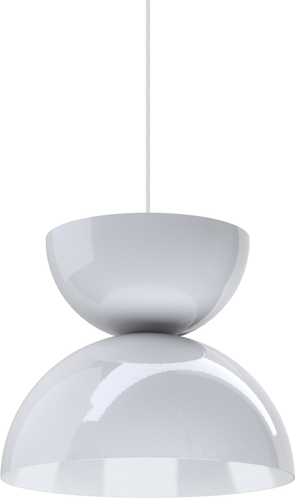 Modern white pendant light fixture with sleek, curved design, perfect for contemporary interiors.