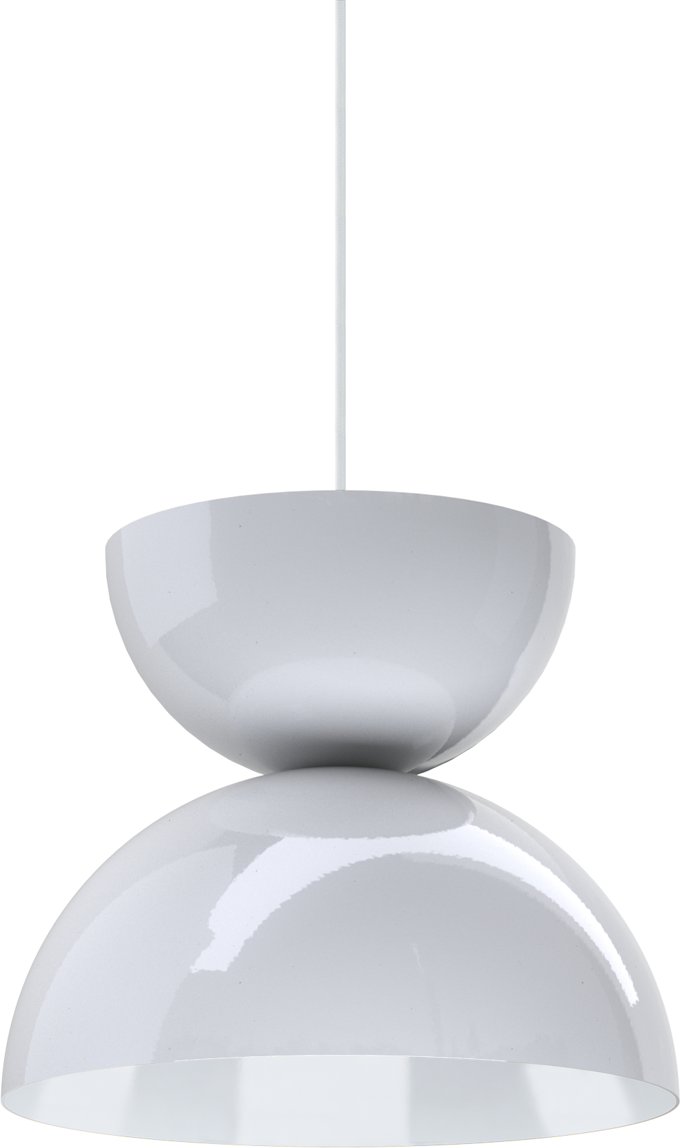 Modern white pendant light fixture with sleek, curved design, perfect for contemporary interiors.