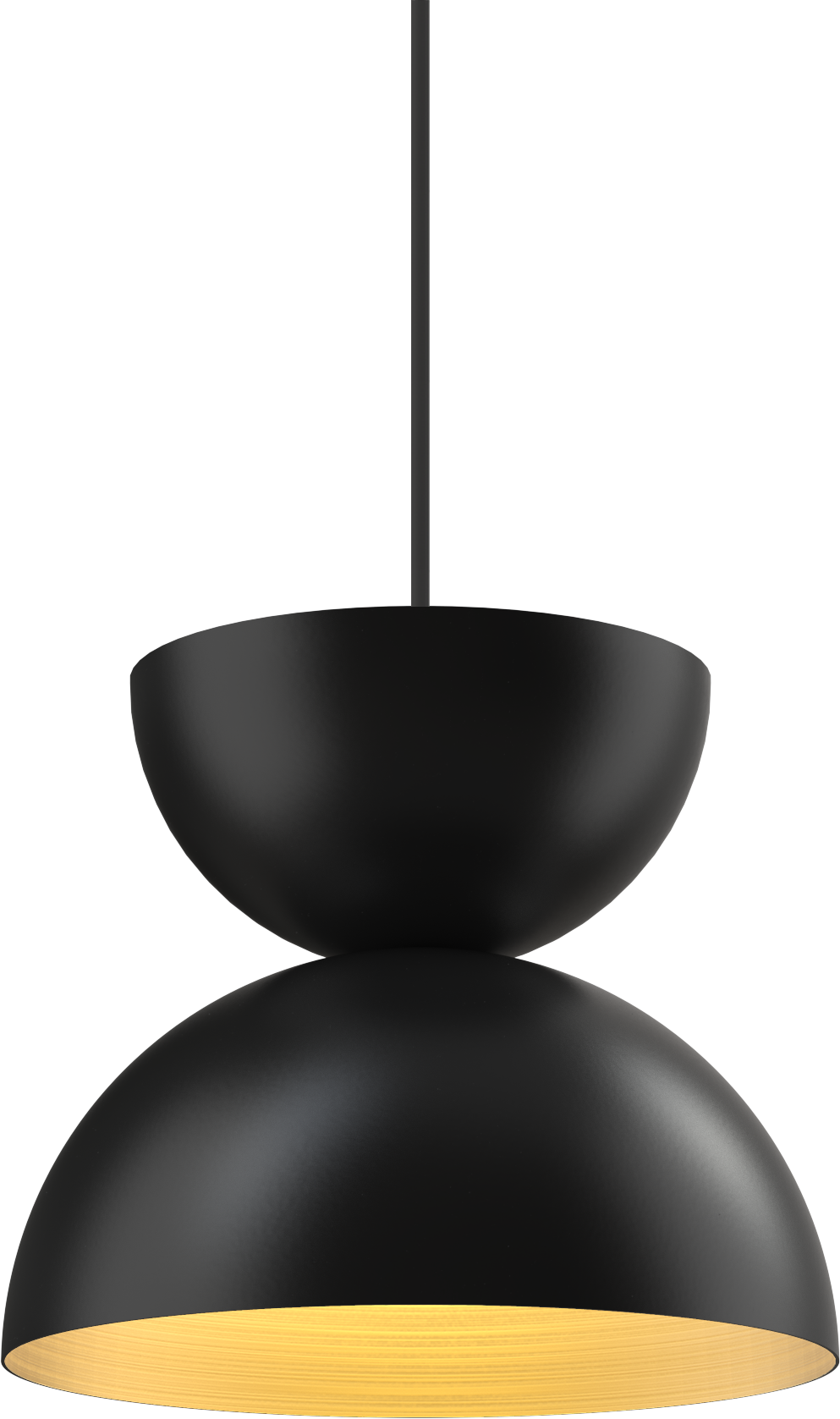 Black pendant light with warm glow, ideal for modern kitchens or dining spaces.
