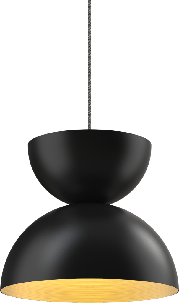 Sleek black pendant light with a warm glow, perfect for modern interiors or over a kitchen sink.