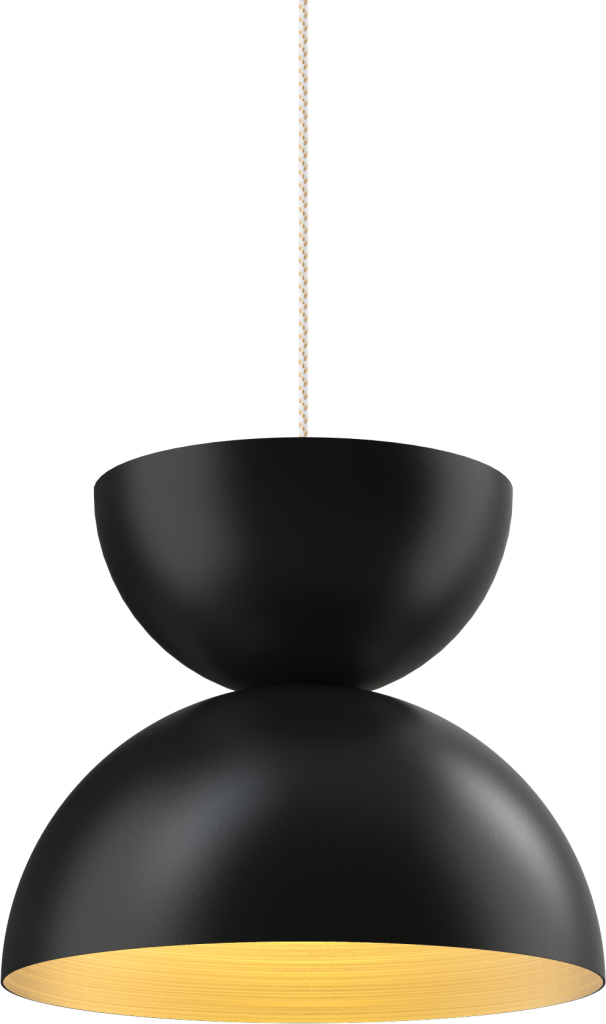 Sleek black pendant light with warm interior glow, perfect for modern kitchen or dining room lighting solutions.