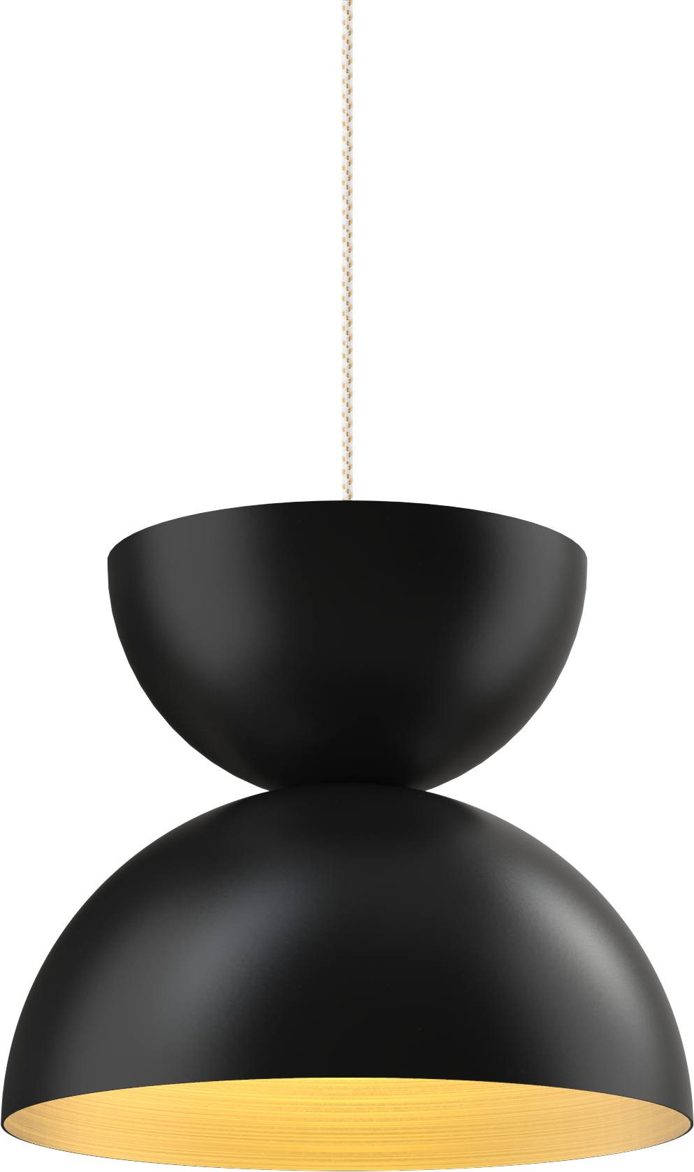 Sleek black pendant light with warm interior glow, perfect for modern kitchen or dining room lighting solutions.
