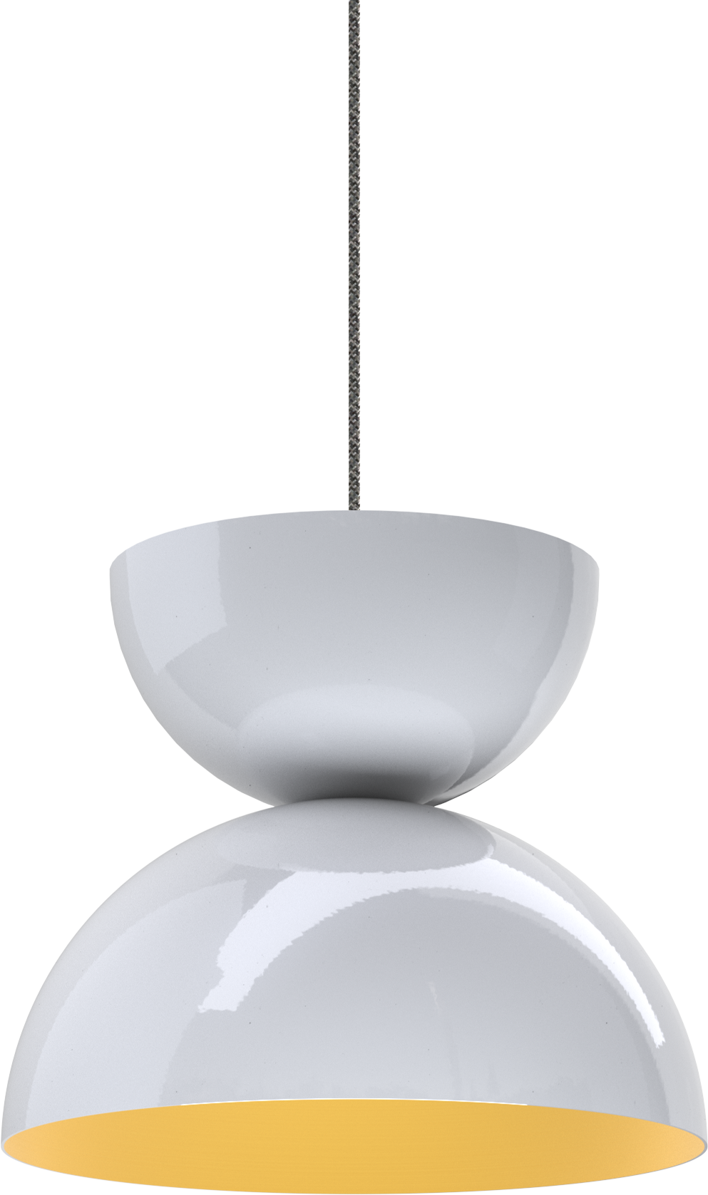 Modern hanging pendant light with sleek white finish and warm interior glow, ideal for contemporary kitchen lighting.