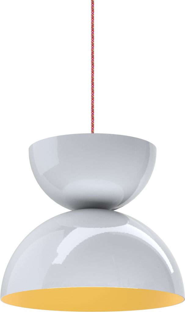 Modern white pendant light with warm glow, hanging from a patterned cord. Ideal for kitchens or dining areas.