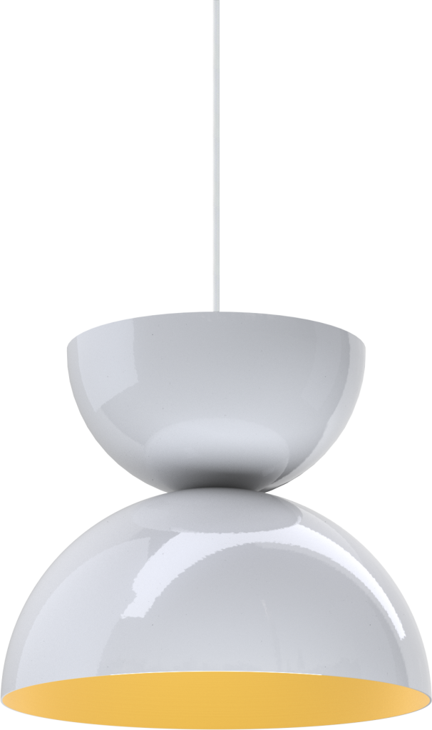 Sleek white pendant light with warm glow, ideal for modern interiors and kitchen lighting solutions.