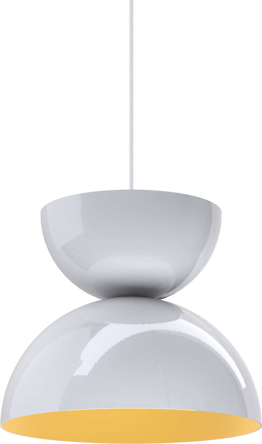 Sleek white pendant light with warm glow, ideal for modern interiors and kitchen lighting solutions.