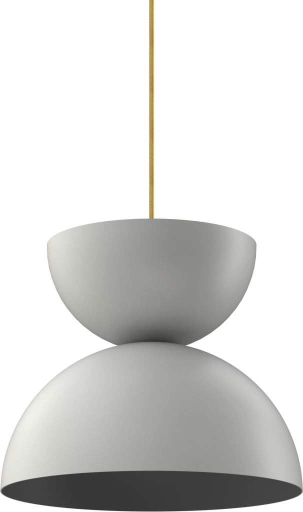 Modern gray pendant light with brass accent, ideal for warm kitchen or hallway lighting.