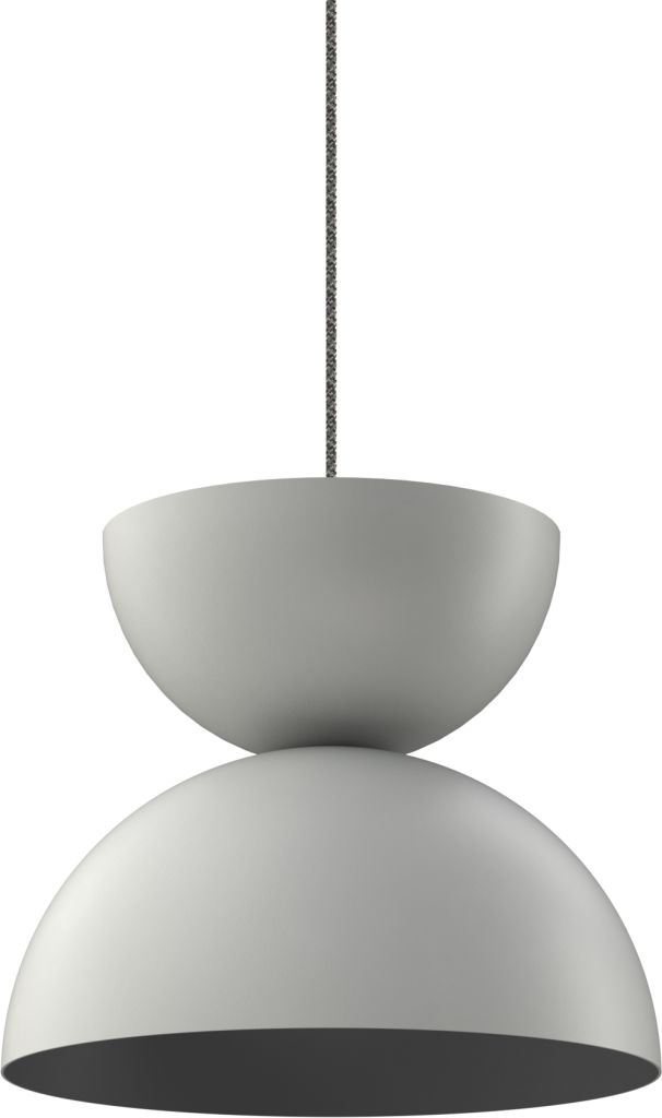 Modern metal pendant light fixture with a sleek, grey finish and minimalistic design.