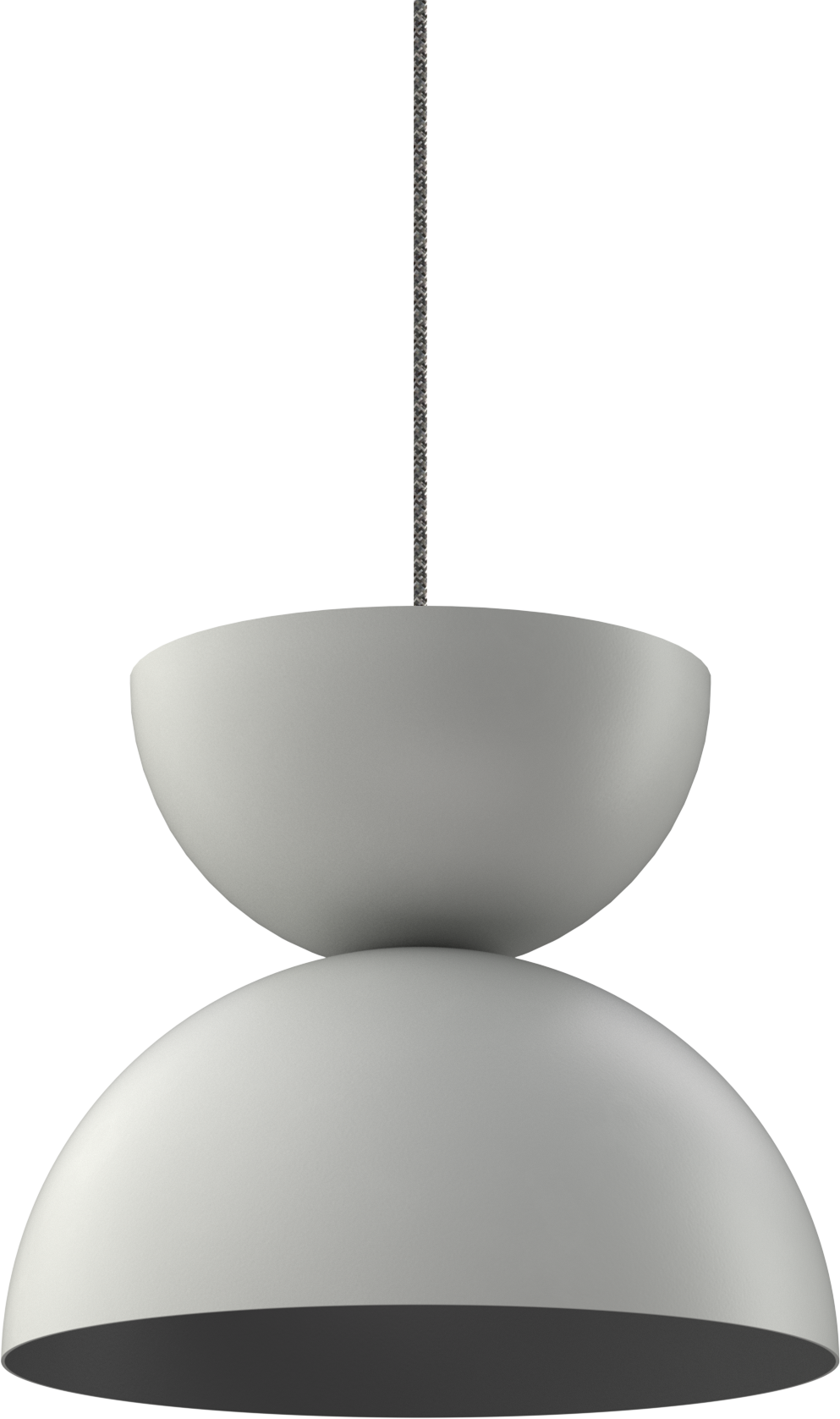 Modern metal pendant light fixture with a sleek, grey finish and minimalistic design.