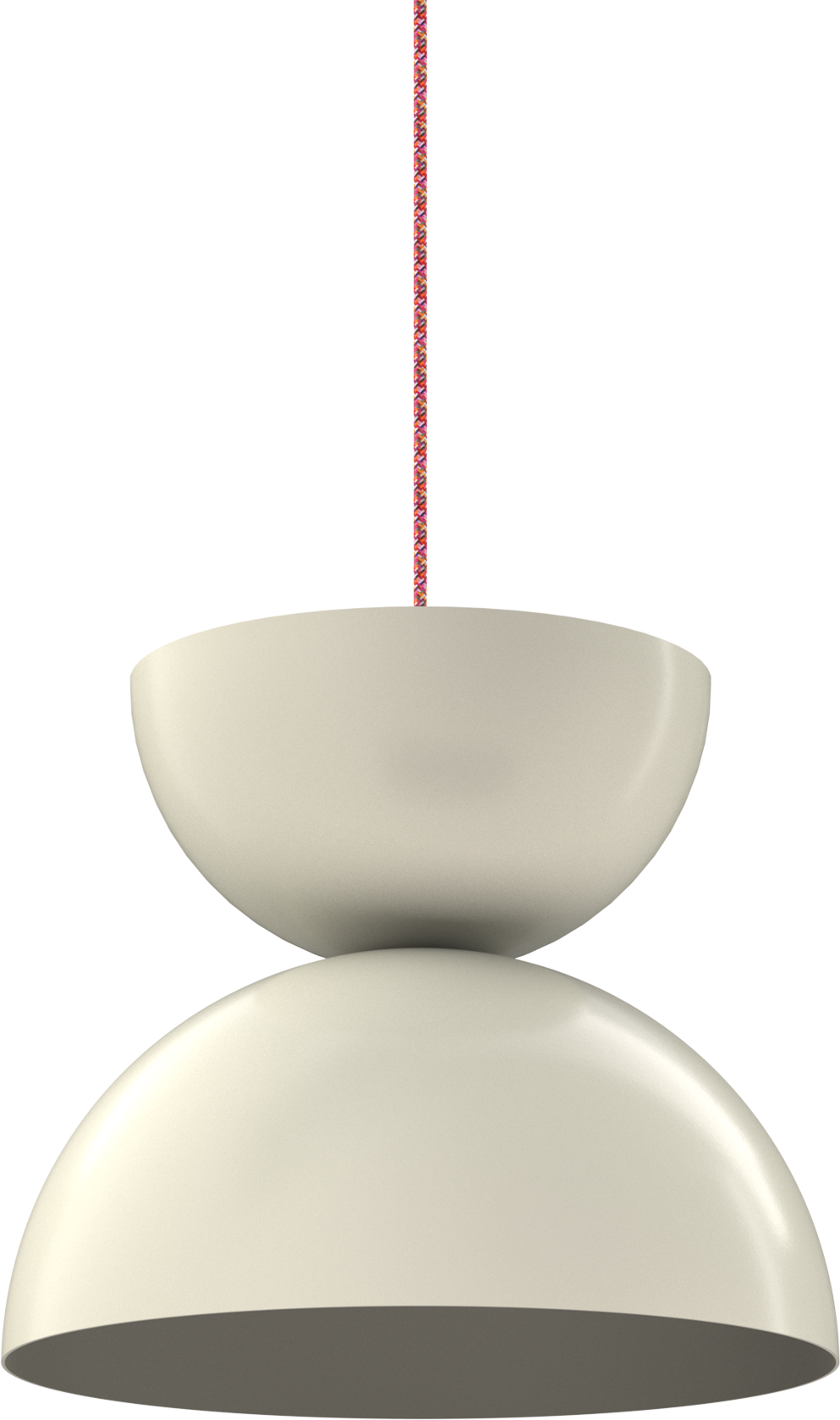 Modern pendant light with dual dome design and colorful cord for stylish indoor illumination.