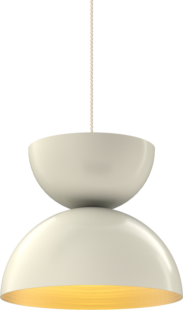 Modern beige pendant light with warm glow, hanging by a cord, ideal for kitchen or dining area.