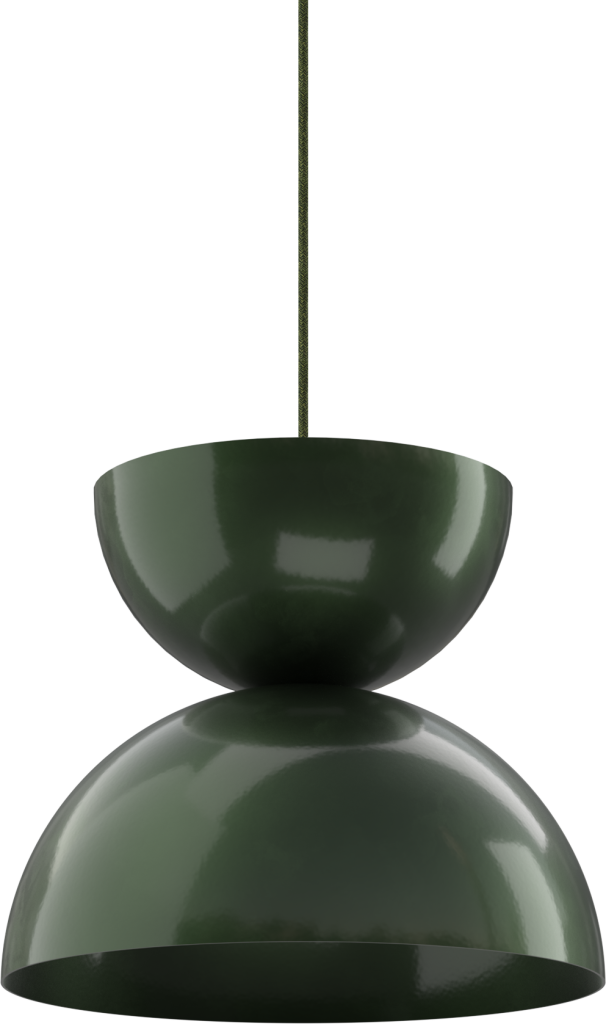 Modern green metal pendant light with sleek design, perfect for kitchen or dining room illumination.