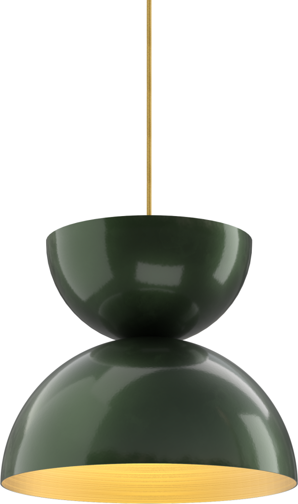 Modern dark green pendant light with a warm glow, ideal for kitchen or dining room.