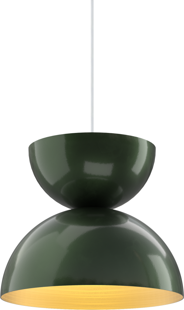 Sleek green pendant light with glossy finish and wooden interior, ideal for modern kitchens or dining areas.