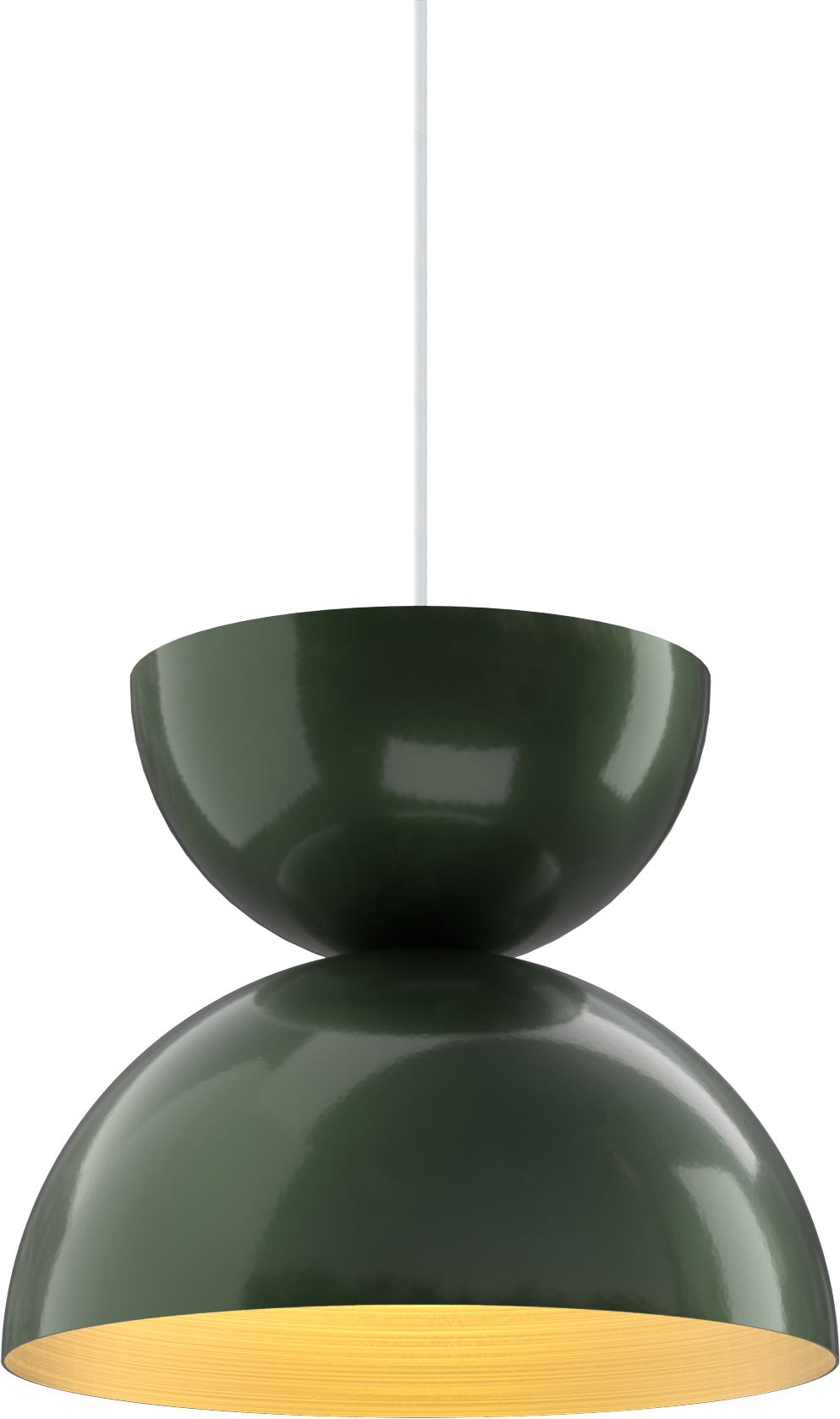 Sleek green pendant light with glossy finish and wooden interior, ideal for modern kitchens or dining areas.