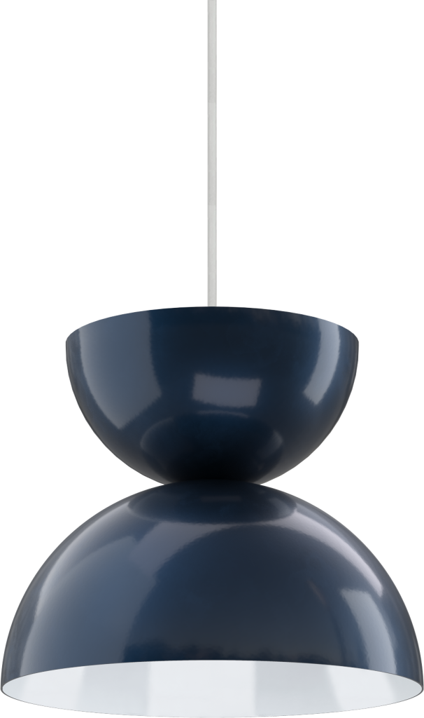 Sleek blue pendant light fixture, ideal for modern kitchen or dining room lighting, with a glossy finish.