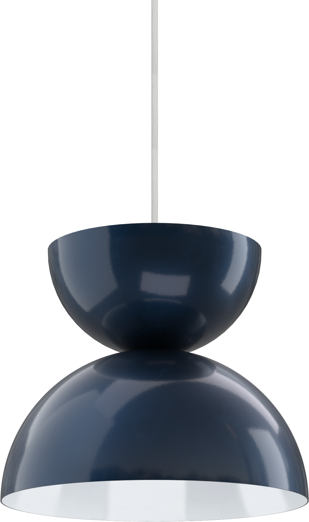 Sleek blue pendant light fixture, ideal for modern kitchen or dining room lighting, with a glossy finish.