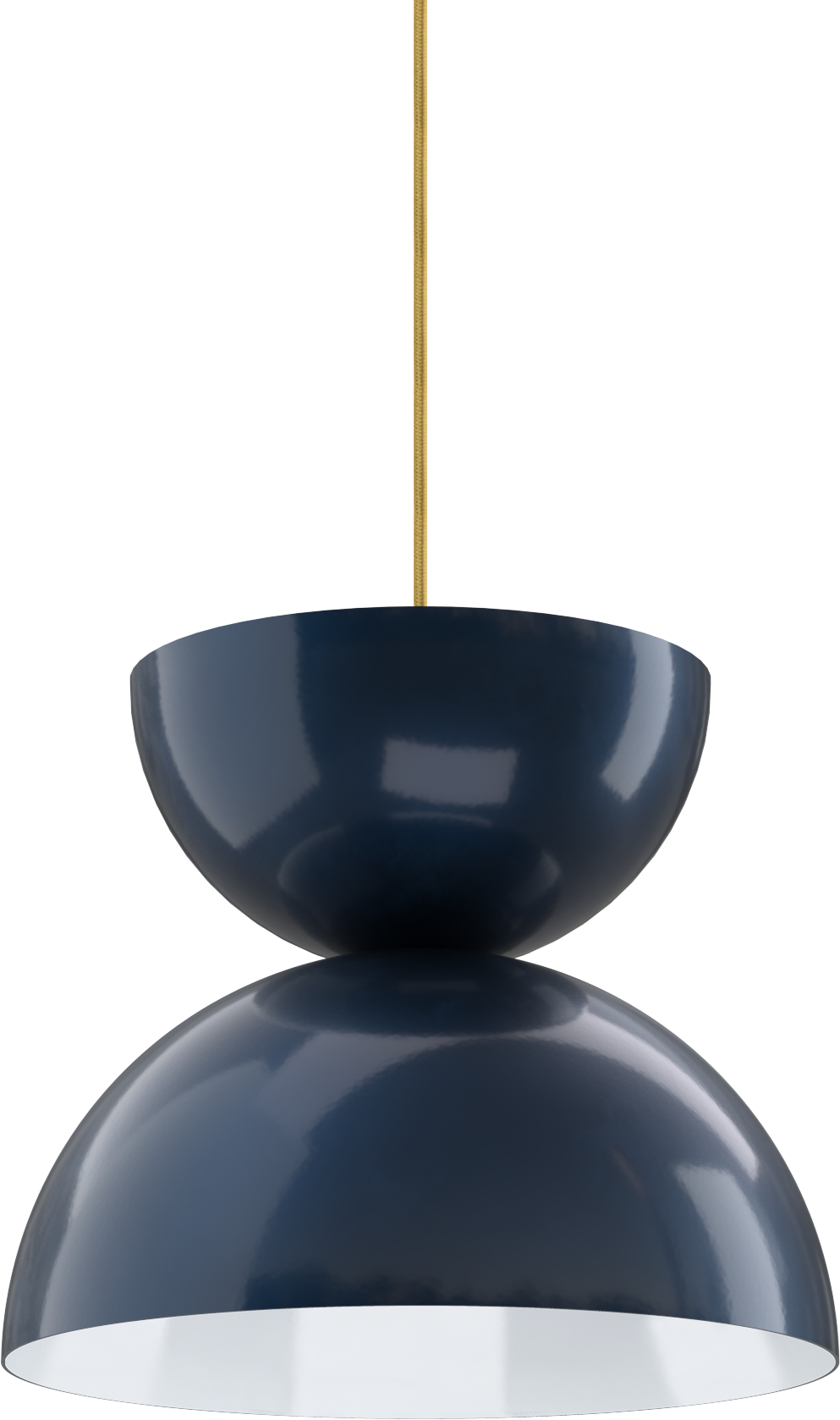 Modern blue pendant light with gold cord, perfect for kitchen or dining area illumination.