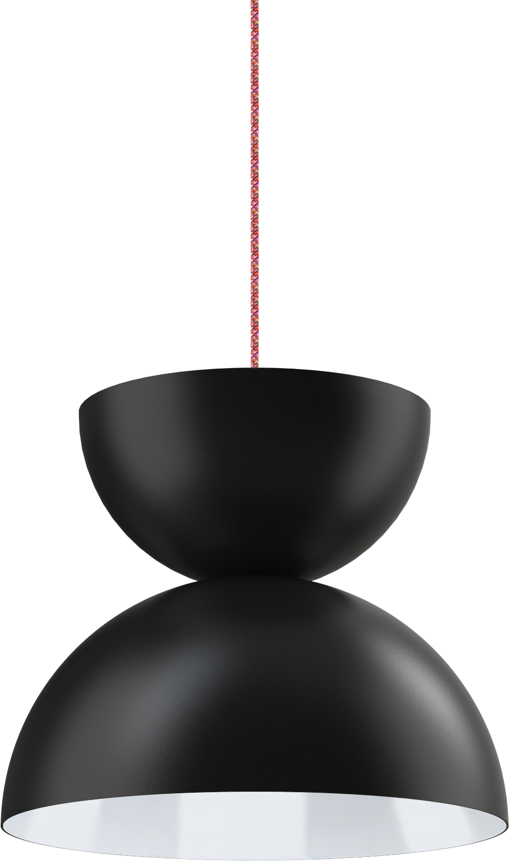 Black metal pendant light fixture with a red cord, ideal for modern interior design.