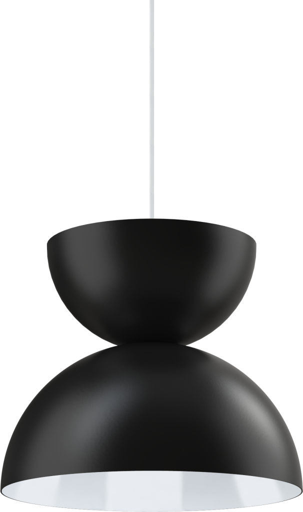 Modern black pendant light with a sleek double dome design and white interior, ideal for contemporary settings.