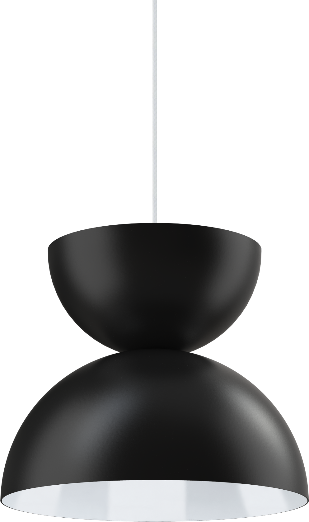 Modern black pendant light with a sleek double dome design and white interior, ideal for contemporary settings.