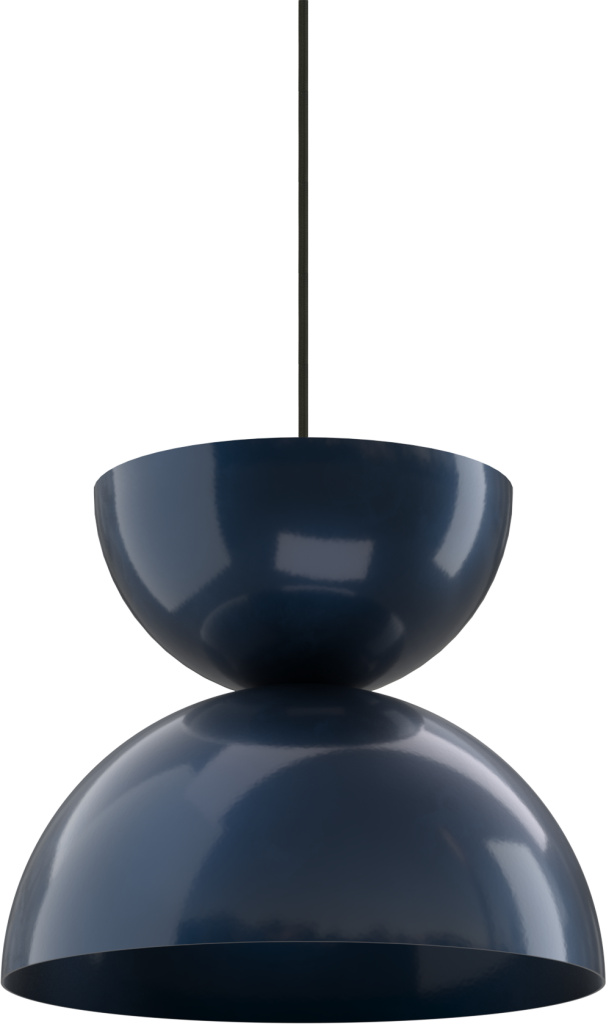 A modern navy blue pendant light with a sleek, curved design hangs from a ceiling, ideal for kitchens.