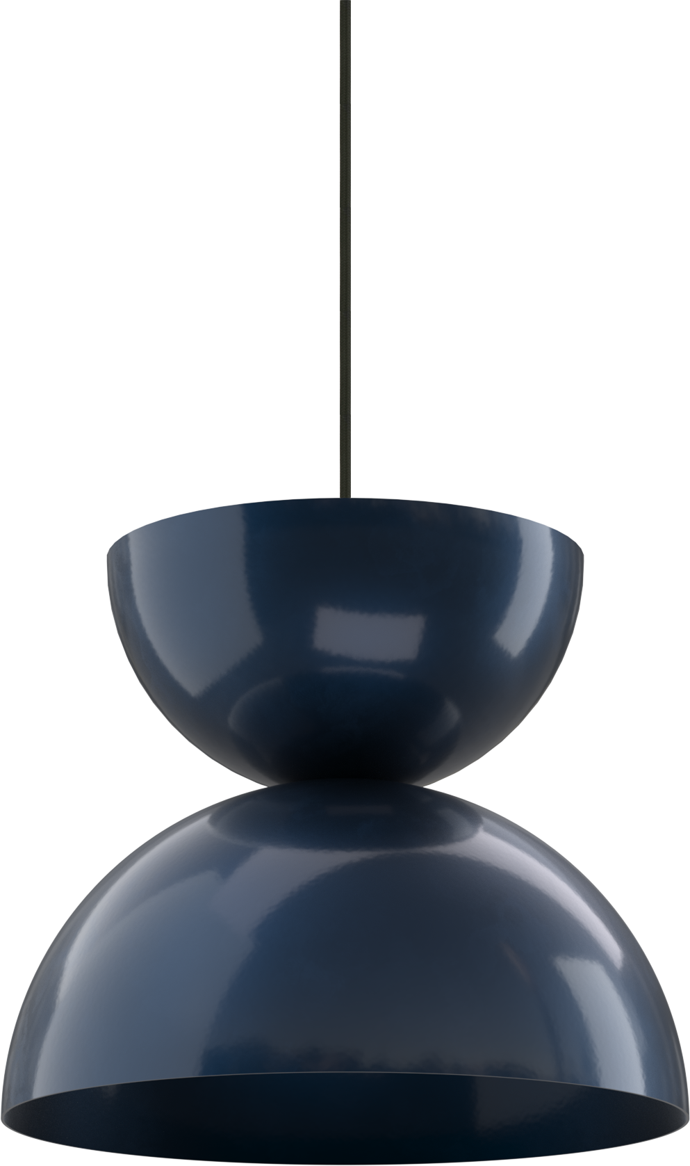 A modern navy blue pendant light with a sleek, curved design hangs from a ceiling, ideal for kitchens.