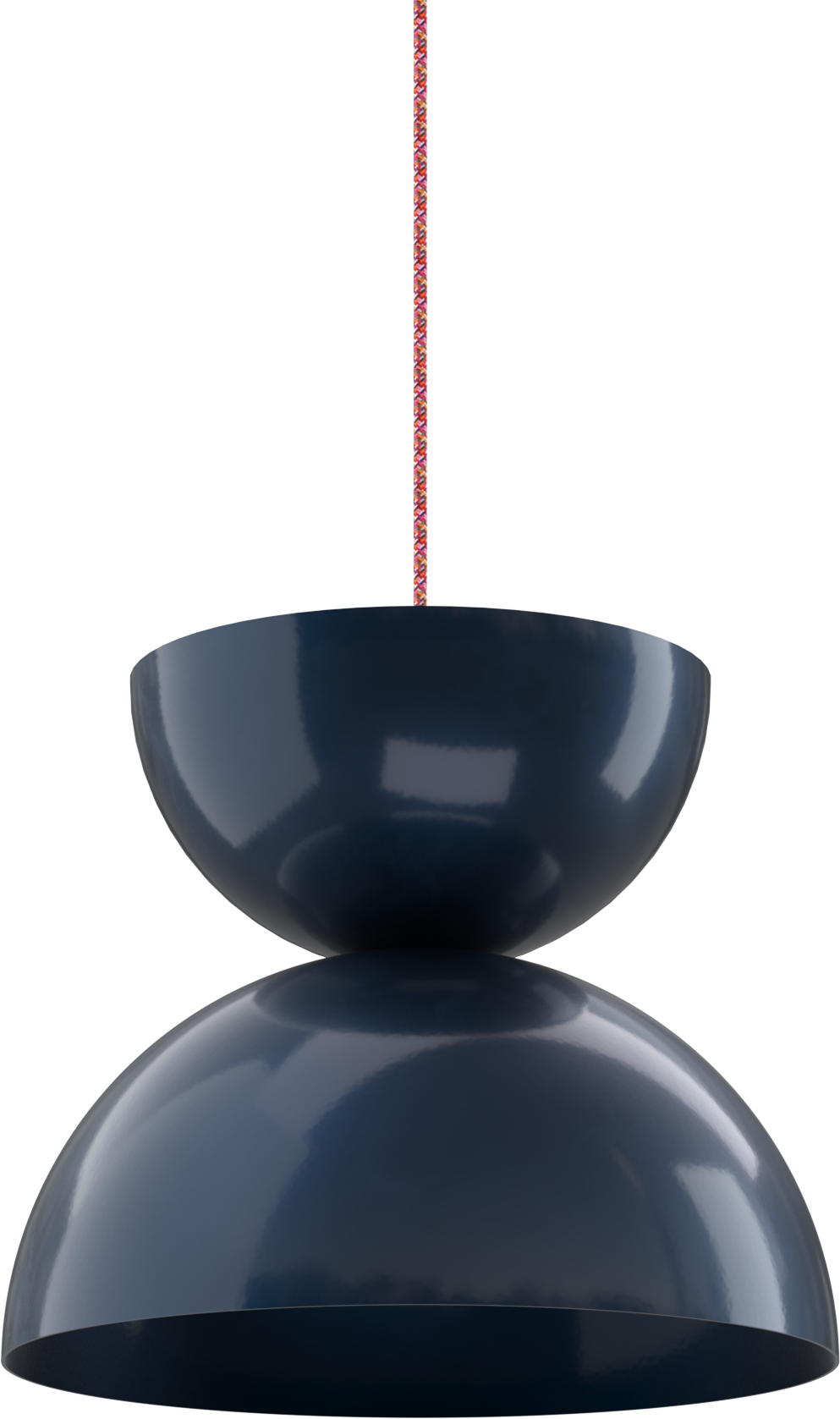 Modern metal pendant light with a reflective finish and decorative cord. Perfect for contemporary spaces.