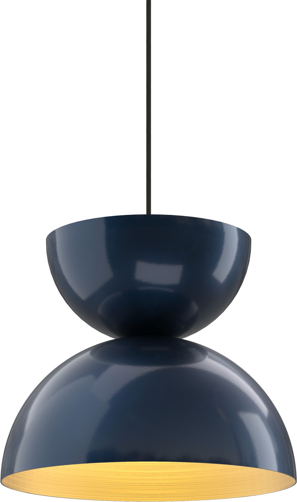 Modern blue pendant light with warm interior, ideal for kitchen or dining room aesthetics.