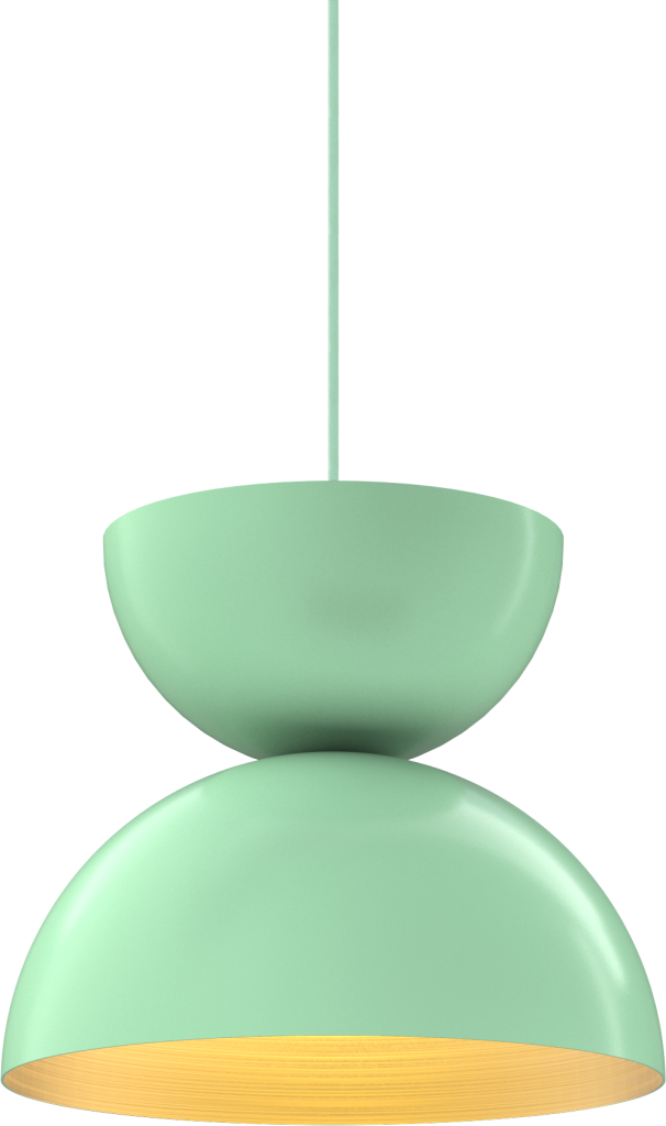 Mint green pendant light with a modern design, emitting warm illumination from a smooth dome shape.