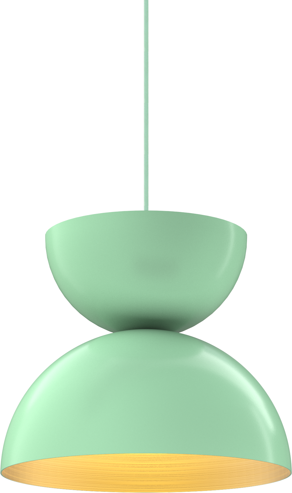 Mint green pendant light with a modern design, emitting warm illumination from a smooth dome shape.