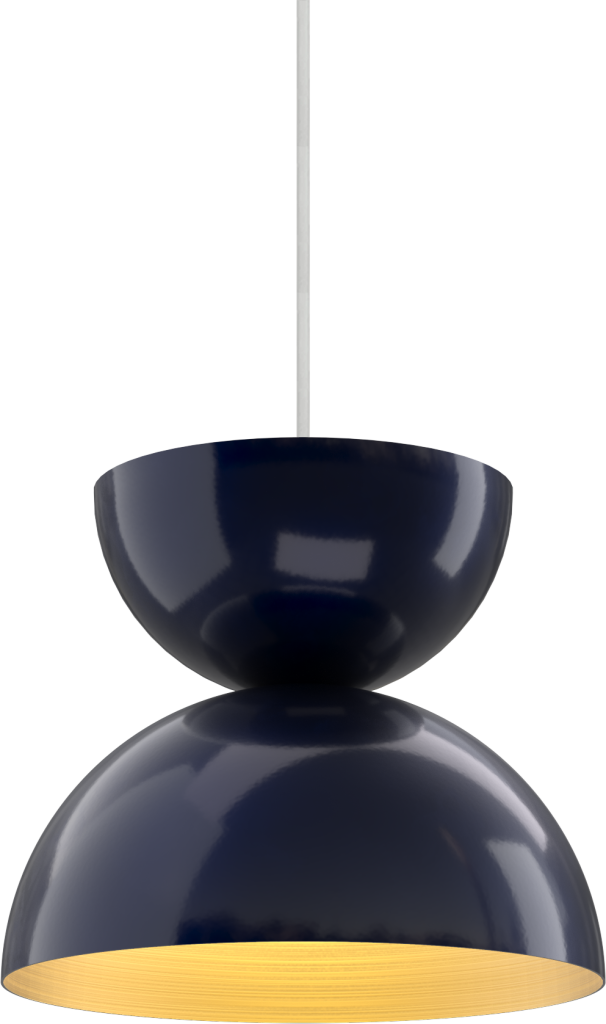Modern navy blue pendant light with a warm glow, ideal for contemporary interior spaces.