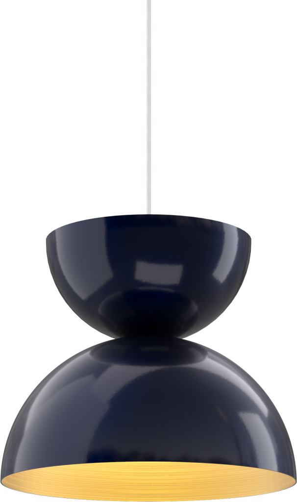 Modern navy blue pendant light with warm glow, ideal for kitchen or dining spaces.