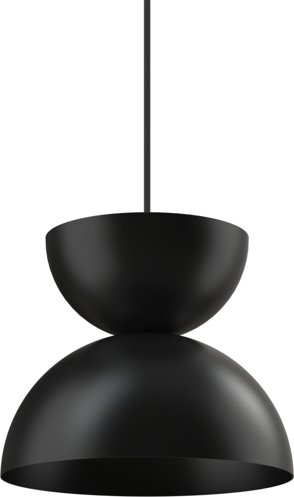 Sleek black metal pendant light fixture with modern design suitable for kitchen or dining area.