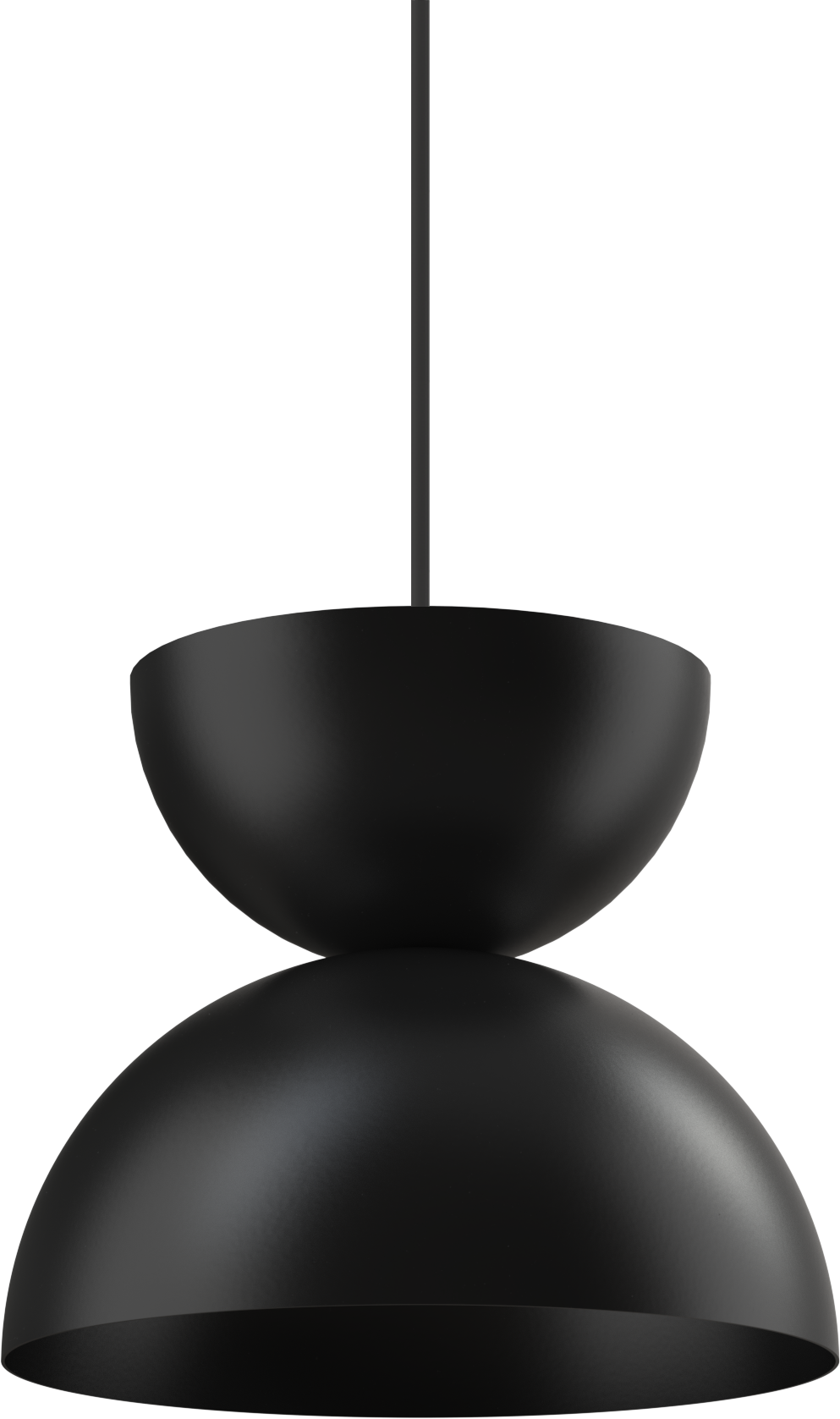Sleek black metal pendant light fixture with modern design suitable for kitchen or dining area.
