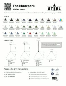 Moorpark ceiling mount options and customizations by Steel Lighting Co. with color and stem choices.